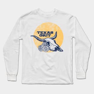 Texas Grit Bull Cow Skull with Roses Long Sleeve T-Shirt